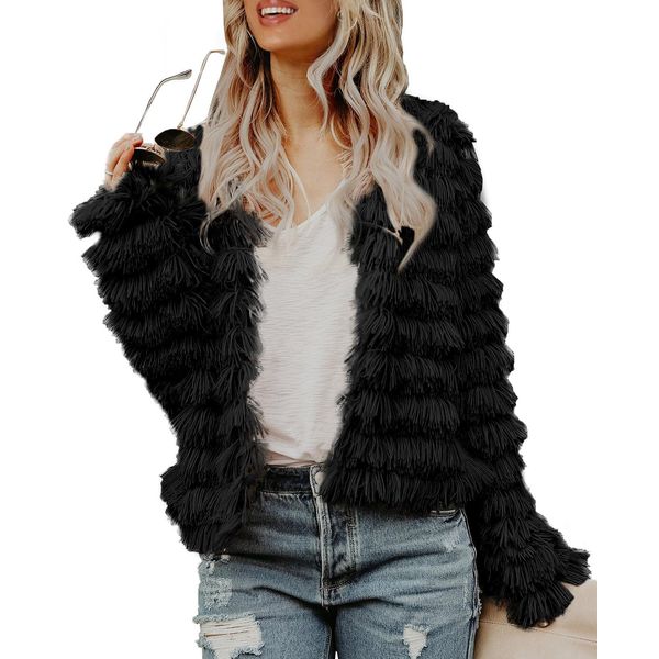 Inorin Womens Fall Open Front Cardigan Faux Fur Coat Vintage Parka Shaggy Jacket Warm Coat Tops (Black, Medium)