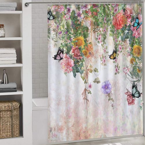 TKUYO Sping Floral Shower Curtains, Watercolor Wildflower Botanical Plants Colorful Garden Floral Farmhouse Country Waterproof Fabric Girls Woman Bathroom Shower Curtain Set with Hooks, 72"x72" Inch
