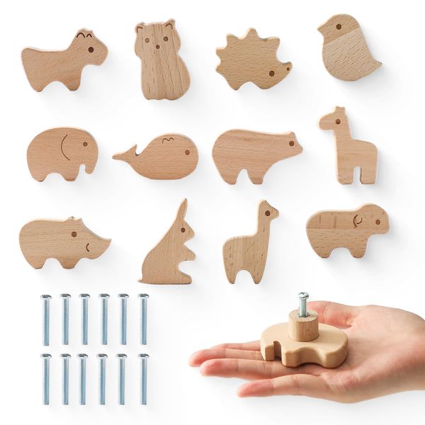 OESSUF 12PCS Wooden Cabinet Knobs with Screws, Animal Shape Furniture Pull Handle for Kids Room, Log Color Wooden Handles for Cabinets for Children's Room