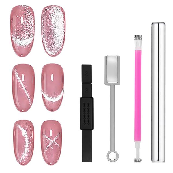 Wbgraceful 4Pcs Cat Eye Magnetic Nail Polish Kit,Nail Magnets Cateye for Nails Art, Double-Head Nail Magnetic Cat Eye Gel Nail Polish Magnet Wand Strong Suction Board Nail Manicure Tool Set.