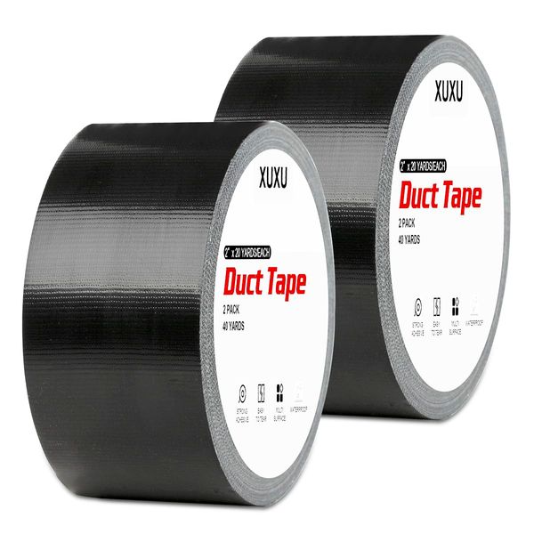 XUXU 2 Pack Duct Tape Heavy Duty Waterproof Black Duct Tape, 40 Yards x 2 Inch Strong Adhesive Duct Tape Bulk for Indoor Outdoor Repairs Tear by Hand