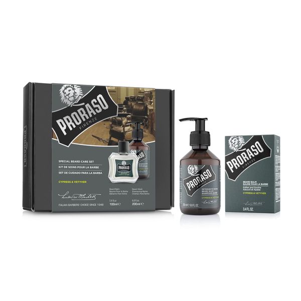 Proraso Bartpflege-Set für Männer Cypress & Vetyver (Duo-Set), Luxuriöses Bartpflege-Geschenkset mit feuchtigkeitsspendendem Bartshampoo und Bart Balsam, Made in Italy