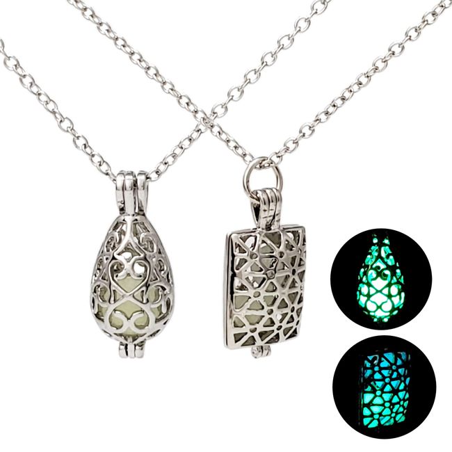 jupica Glow in the Dark Necklace, Glow in the Dark, Glow in the Dark Pendant, 2 Piece Set, Round Drop, Square