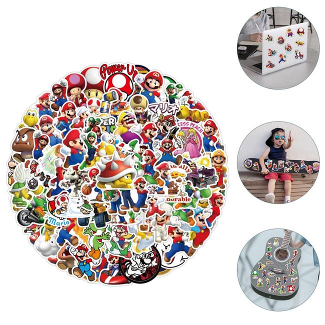 KRGNPLE Super Mary Waterproof Seal Anime Mario Decorative Suitcase Car Motorcycle Helmet Skateboard Guitar (Design: Mario C, Size: 100 Pieces in Total)