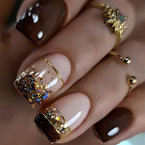 Rchovsam Brown French Press Ons Square Short Fake Nails Gold Glitter Press on Nails Short Brown False Nails Acrylic UñAs AcríLicas Brown Gel Nails Kit for Young Womens 24pcs