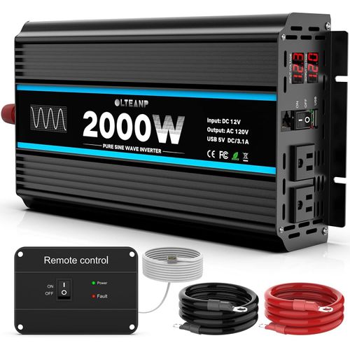 2000W Pure Sine Wave Power Inverter 12V DC to 110V/120V AC Car Boat RV 2-Outlet