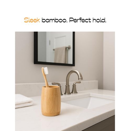 ABBI NIMO Natural Bamboo Toothbrush Holder, Simple Minimal Cylindrical Tumbler for Bathroom Countertop, Unbreakable Makeup Brush or Pen Organizer, Desktop Accessory