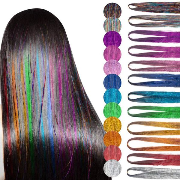 PLABBDPL 12PCS Teilig Haar Lametta Bunte Haarsträhnen,12 Farben,Lametta für Haare mit Werkzeug,Glitzer Strähnen Haare Regenbogen Haarverlängerung Kunsthaar zum Einflechten, Party & Deko