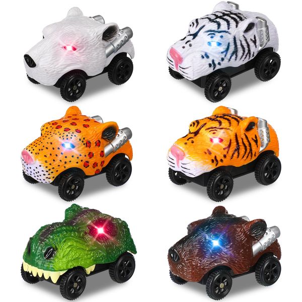 Skylety 6 Packs Dinosaur Track Car Race Track Replacement LED Light up Battery Powered Dinosaur Race Car Track Glow in The Dark Dino Cars Accessories Compatible with Most Tracks, Car Only (Beast)