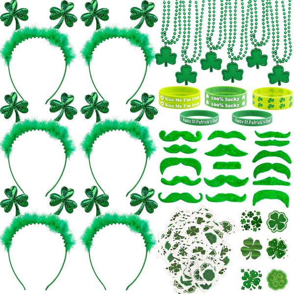 Adurself St. Patricks Day Party Favor Accessories, Including Shamrock Headbands Bead Necklaces Temporary Tattoo Rubber Bracelets Green Mustache for Irish St Patrick's Day Decorations Supplies