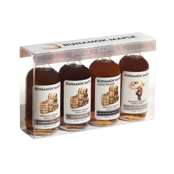 Runamok Organic Maple Syrup Sampler | Smoke + Barrels Vermont Maple Syrup Pairing Collection | 2 oz (4 count) | 60mL | Unique Smoked and Barrel Aged Maple Syrup I Real Maple Syrup