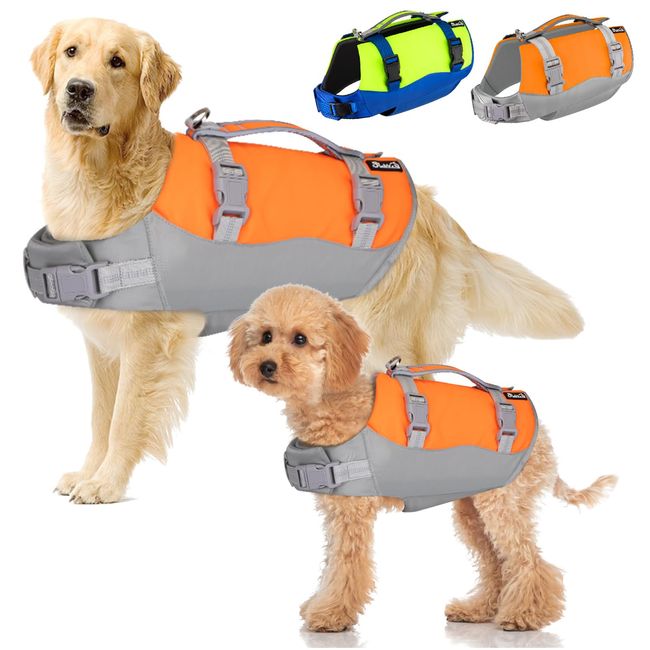 SlowTon Schwimmweste für kleine Hunde, starker Auftrieb verstellbare Ripstop Rettungsweste mit reflektierendem Rettungsgriff, Hunde Schwimmweste zum Surfen Schwimmen Wassersport(Orange & Grau, S)