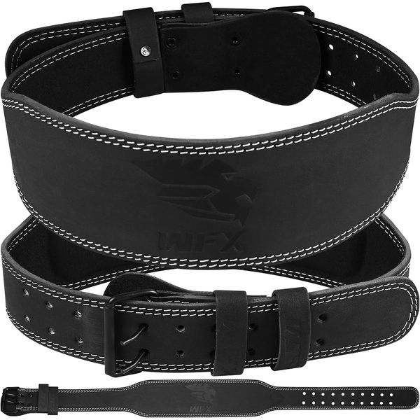 WFX Weight Lifting Belt Gym Fitness Padded Lumbar Back Support Adjustable Holes Leather Belt 4" for Bodybuilding Powerlifting Weightlifting Deadlift Squats Exercise Workout Strength (M, Black 4 Inch)