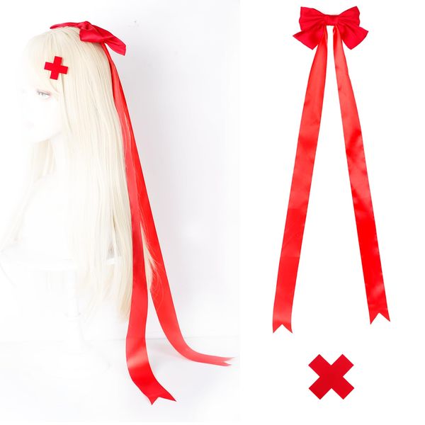 ASKUANG Silky Satin Long Tail Red Bow Hair Clip and Red Cross Shaped Clip Kit for Women Girls Daily Party Cosplay