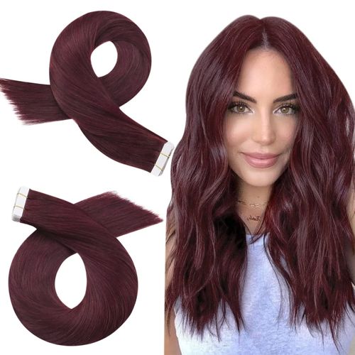 Moresoo Burgundy Tape in Hair Extensions Human Hair Invisible Tape in Extensions Wine Red Tape in Human Hair Extensions Burgundy Hair Extensions Real Hair Tape in 20 Inch #99J 20pcs 50g