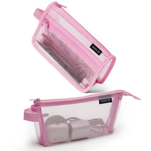 2-Pack Grid Mesh Pencil Case with Handle and Zipper, Double Layer Clear Pencil Pouch, Travel Makeup Bag and Small Toiletry Bag for Purse, Marker Pouch, College Essentials School Supplies (Pink)