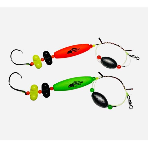 Hungry-Cat Tackle Premium Catfish Ready Rig, 2-Pack, Bright Green/Red, with 3 oz Egg Sinker Weights.