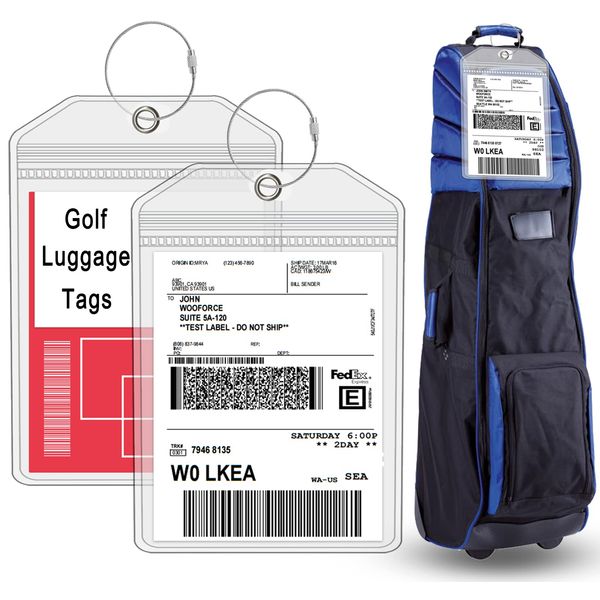 Extra Large Golf Luggage Tag 9 " x 6 ", Shipping Label Holder for Golf Bag- Plastic Waterproof Zipper Pouch - PVC Luggage Tag Holders for Ship Sticks 2 Packs