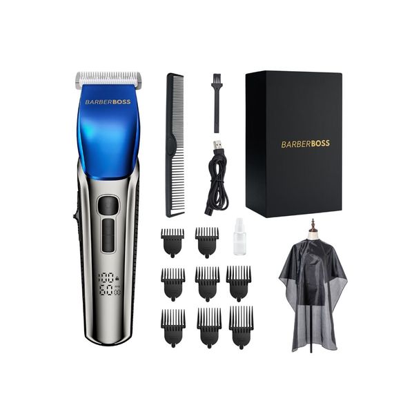 BarberBoss Hair Clippers Men, Beard Trimmer - 4 Speed Settings, Ceramic Blade, 8 Comb Attachments, LED Display, USB Charge, Waterproof, Hair Grooming Kit, QR-2083