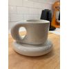 Ceramic Chubby Fat Handle Mug with Saucer - White Speckled