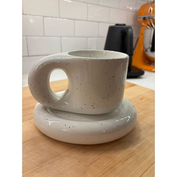 Ceramic Chubby Fat Handle Mug with Saucer - White Speckled