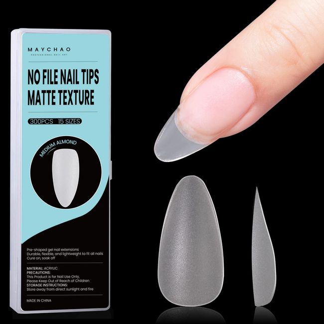 MAYCHAO Medium Almond Nail Tips - 300PCS No File Nail Tips Matte Full Cover Acrylic Nail Tips Clear Nail Tips for Soak Off Nail Extension, False Nails Acrylic Nail Tips, 15 Sizes With Gift Box