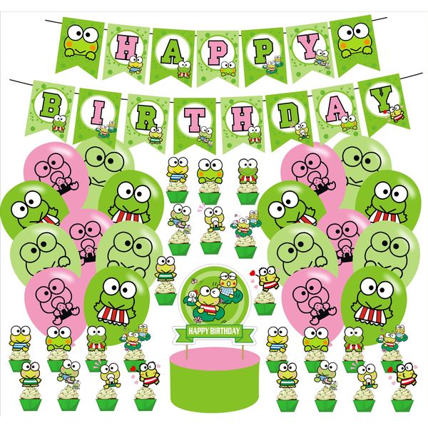 The Frog of Keroppi Birthday Party Decorations, Cartoon Big-Eyed Frog Theme Birthday Supplies set with Happy Birthday Banner,Cake Toppers,Balloons for Cartoon Party Supplies Decor