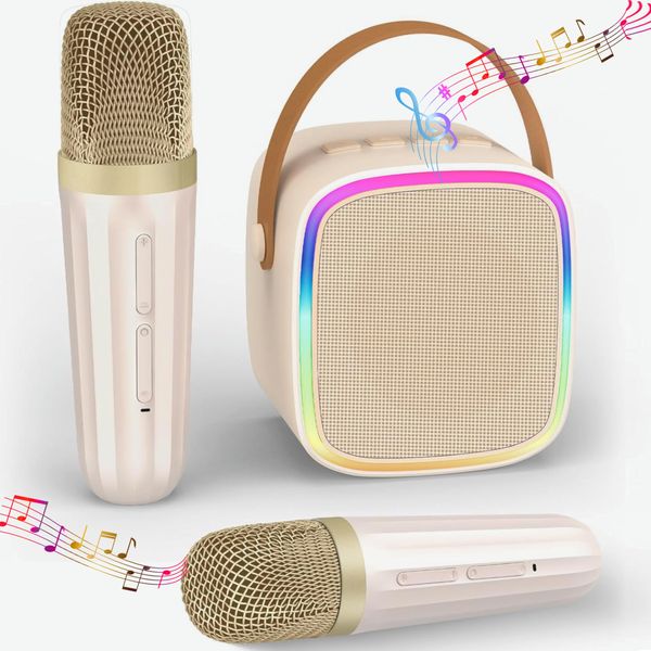 Voxail Portable Karaoke Machine with 2 Wireless Microphones | Mini Bluetooth Speaker | Fun Voice Change and LED Lights | Perfect for Kids, Adults, Parties, Home KTV, and Travel (Beige)