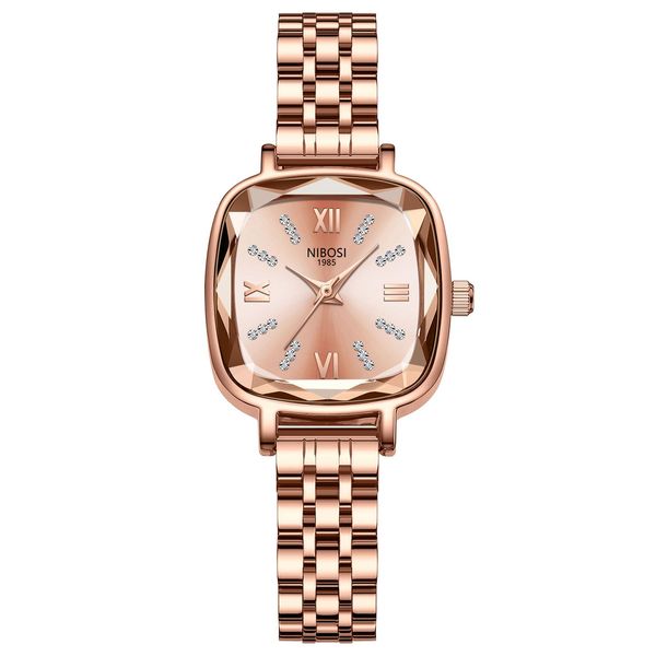 NIBOSI Women's Watch Analog Green Dial Wrist Watch for Ladies Luxury Diamond Rose Gold Stainless Steel Square Watch Girls Jewelry Bracelet