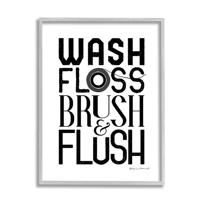 Stupell Industries Bathroom Terms Wash Floss Brush Flush Minimal Text, Designed by Stephanie Workman Marrott Gray Framed Wall Art, 11 x 14, Black