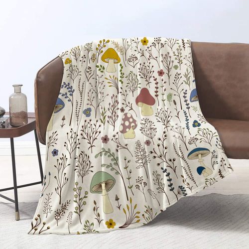 DUISE Wild Forest Mushrooms Soft Flannel Throw Blanket Pattern Types of Mushrooms Wild Species Natural Theme, Cozy Plush Throw for Use in Sofa, Bed, Living Room and Travel 60"W x 80"L for Adults Kids