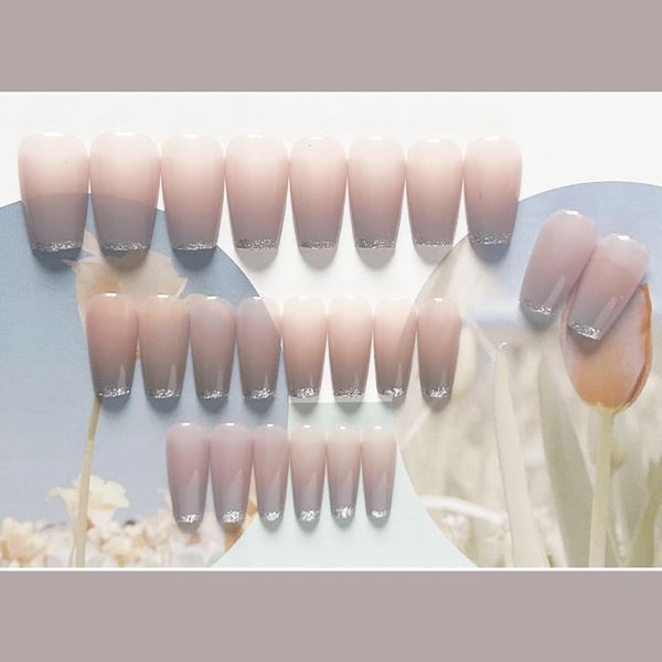 Set of 24 Nail Tips, Ice Blue Gradation, Beautiful Silver Rim Nails
