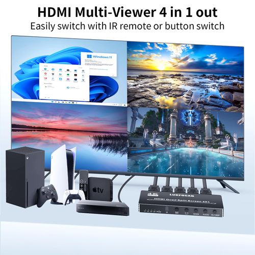 LUKFOCAB HDMI Multi-Viewer 4X1, Seamless Switcher 4 in 1 Out, Quad Multi Viewer Switcher with IR Remote, Supports 4K 30Hz, 5 Display Modes for Security Camera, Gaming Consoles