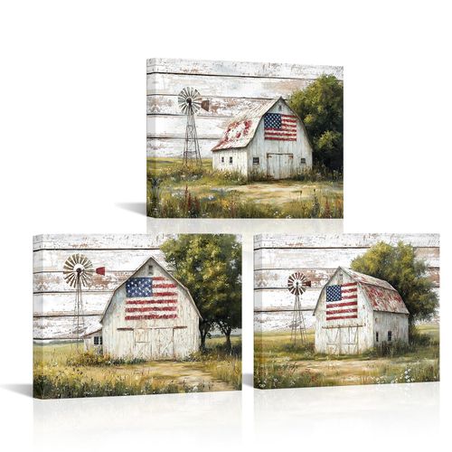 PoGoXiPoYo 3 Pieces Farmhouse Barn Wall Art Canvas Prints Rustic Barn Windmill Farm Landscape Pictures American Country Artwork Wall Decor for Kitchen Living Room 12"x16"x3