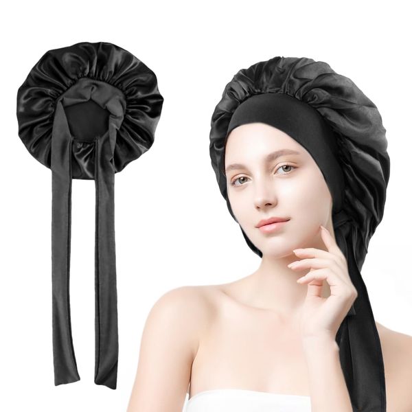 Ninnyi Curly Hair Silk Bonnet for Sleeping, Adjustable Satin Shower Cap with Tie Band for Women Black