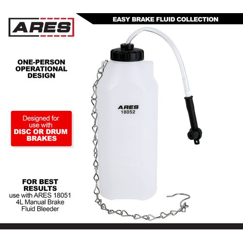 ARES 18052-1L Brake Bleeding Fluid Reservoir Bottle - Collects Used Brake Fluid - Hanging Hook for Easy Use - Rubber Connector Fits Most Bleeder Screws - Use 18051 Brake Fluid Bleeder