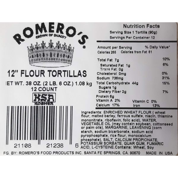 Romero's 12" Flour Tortillas for Burritos 48 ct