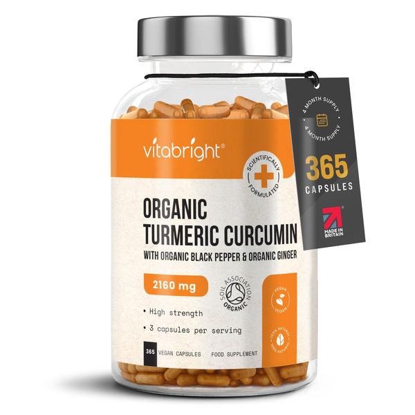 Organic Turmeric Curcumin - 365 Vegan Capsules (not tablets) - High Strength 2160mg - with Active Curcumin, Organic Black Pepper & Organic Ginger - Certified Organic by Soil Association - VitaBright