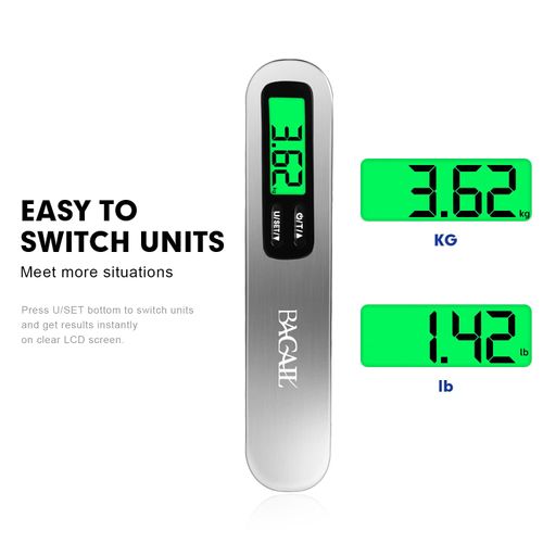 BAGAIL Digital Luggage Scale, Hanging Baggage Scale with Backlit LCD Display, Travel Weight Scale, Portable Suitcase Weighing Scale with Hook, 110 Lb Capacity, Battery Included-Silver
