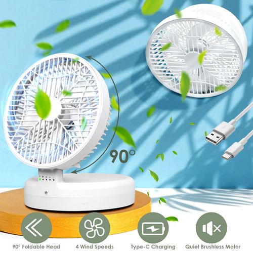 KOCASO Portable Desk Fan, 4-Speed Foldable Wall-Mounted Table Fan with Type-C Charging, Ultra Quiet 90° Desktop Fan for Bedroom Kitchen Office Home Outdoor Travel Rechargeable