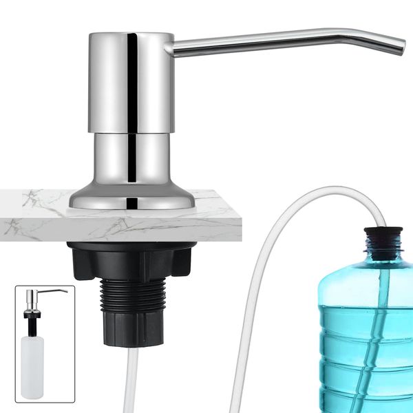 CREA Kitchen Sink Soap Dispenser Built in, Soap Dispenser Counter top Soap Dispenser Pump in Stainless Steel with 17 OZ PP Bottle and 39" Extension Tube Kit, Refill from The Top, Polish Chrome