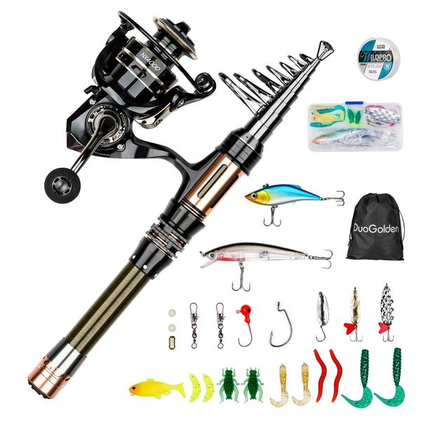 DuoGolden Fishing Rod Set, Reel Set, 6.3 ft (2.1 m) Carbon Telescopic Casting Rod, Beginner, Fishing Gear, Carbon Rod, Spinning Reel, 200m Fishing Line, 24 Pieces Fishing Bait, Bag Included, Compact,