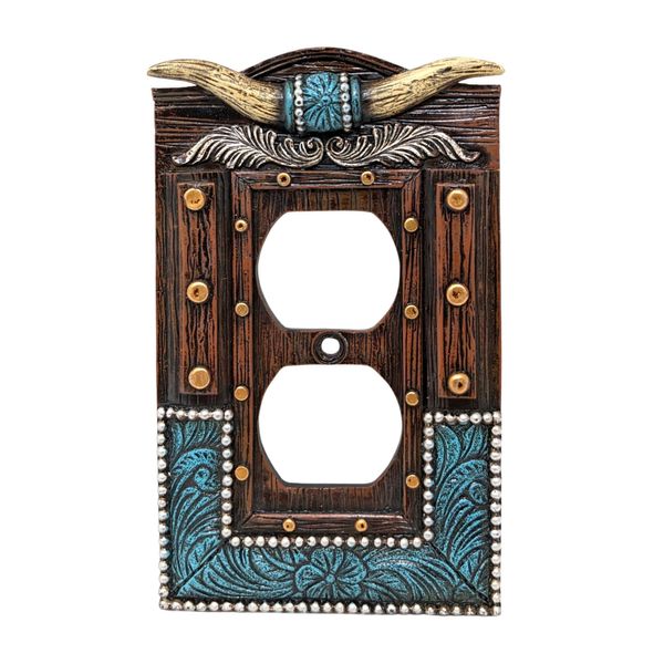 BestGiftEver American Western Home Decor Outlet Cover - Faux Horns and Tooled Leather-inspired Double Outlet Plate Cover- Southwestern Native Indian Wall Plate - Western Style Electrical Outlet Decor