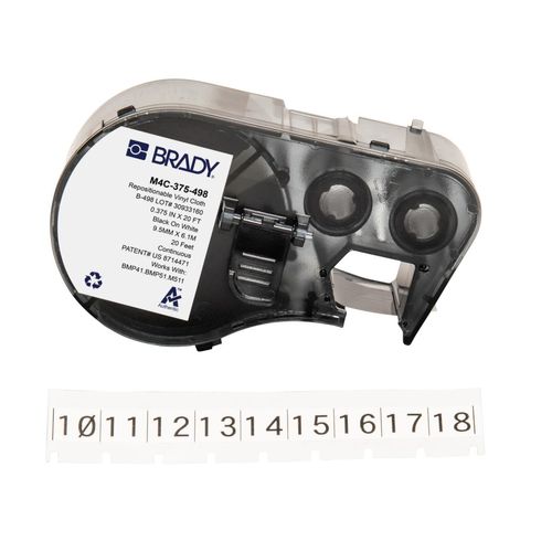 Brady Authentic (M4C-375-498) Repositionable Multi-Purpose Vinyl Cloth Labels 0.375" W x 20' L Black on White. for use with The BMP41, BMP51, and M511 Label Printers