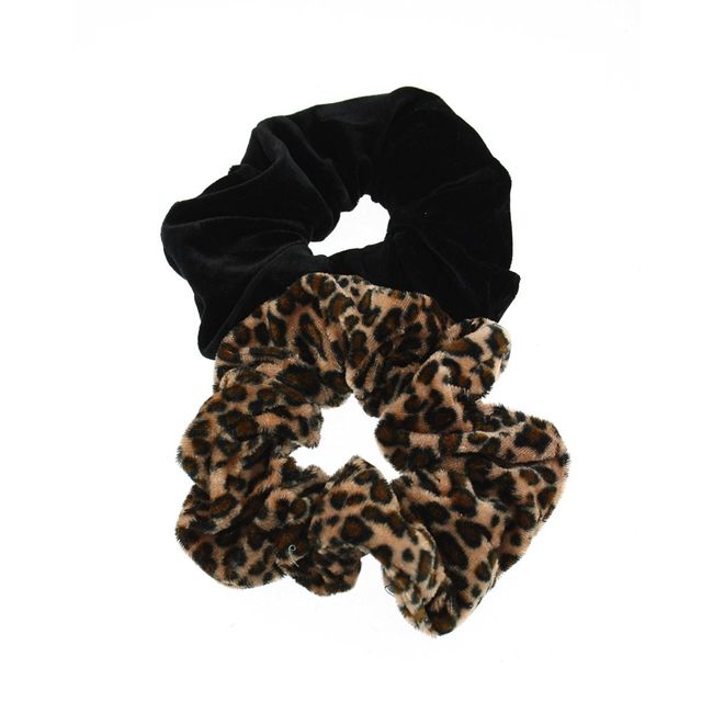 Zac's Alter Ego Set of 2 Hair Scrunchies - Velvet Leopard Print & Plain Velvet