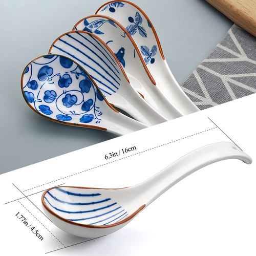 Chinese Soup Spoons, 6.2 Inch Ceramic Ramen Spoons, Japanese Retro Style Soup Spoons Creative Porcelain Asian Soup Spoons for Ramen Pho Cereal, Wonton Dumpling Miso, Set of 4(Brown)