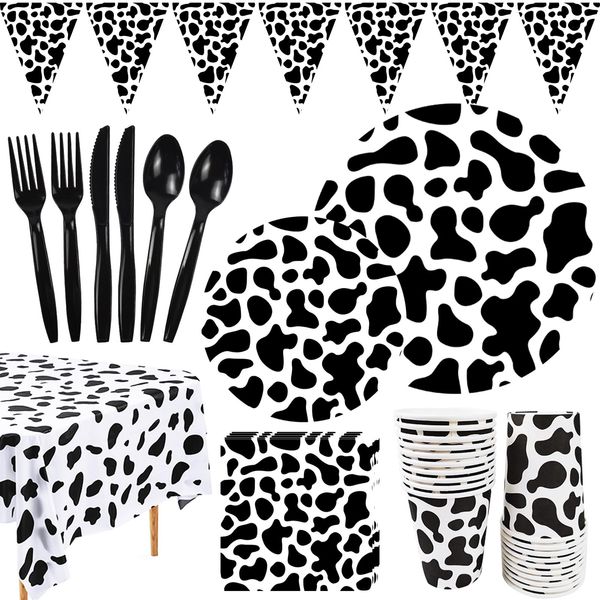 Cow Print Party Supplies, Cowboy Cowgirl Party Disposable Tableware Set, Dinner Cake Plates, Cups, Napkins for Baby Shower Barnyard Farm Animal Barn Farmhouse Themed Birthday Decorations Serves 20