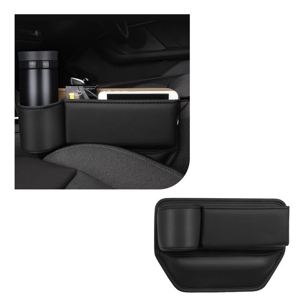 Dickno Car Seat Gap Filler, Leather Front Seat Storage Box with Cup Holder, Adjustable Auto Seat Gap Organizer for Phones Glasses Keys, Universal Vehicle Accessories for Most Cars (Black)