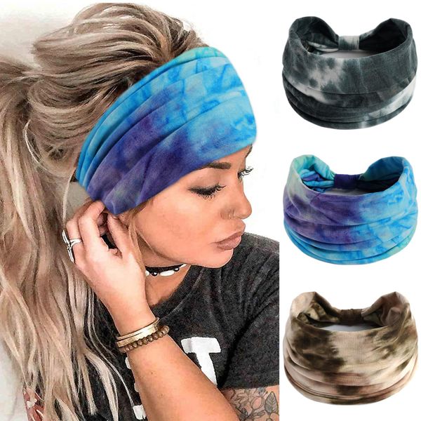 FULZTEY Boho Headbands for Women Fashion Wide Head Bands Tie Dye Headwraps Stretchy Yoga Workout Sweat Hairbands Knotted Bandanas Soft Cotton Turban Stylish Hair Accessories for Girls 3 Pack