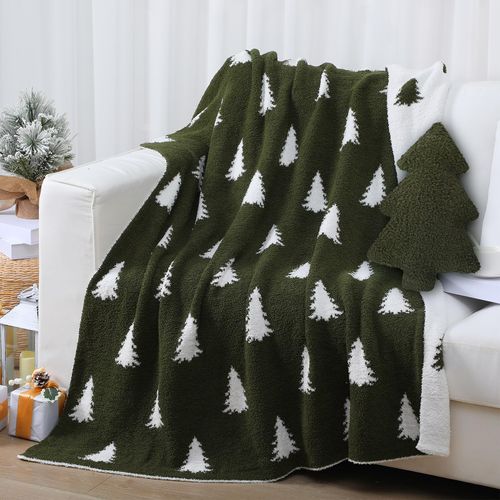 FuWeave Christmas Tree Throw Blankets Pillow Set Include Double Sided Green Flannel Blanket 50 x 60 Inch and Plush Xmas Tree Throw Pillows Cushions for Christmas Winter Couch Sofa Bed Decorations